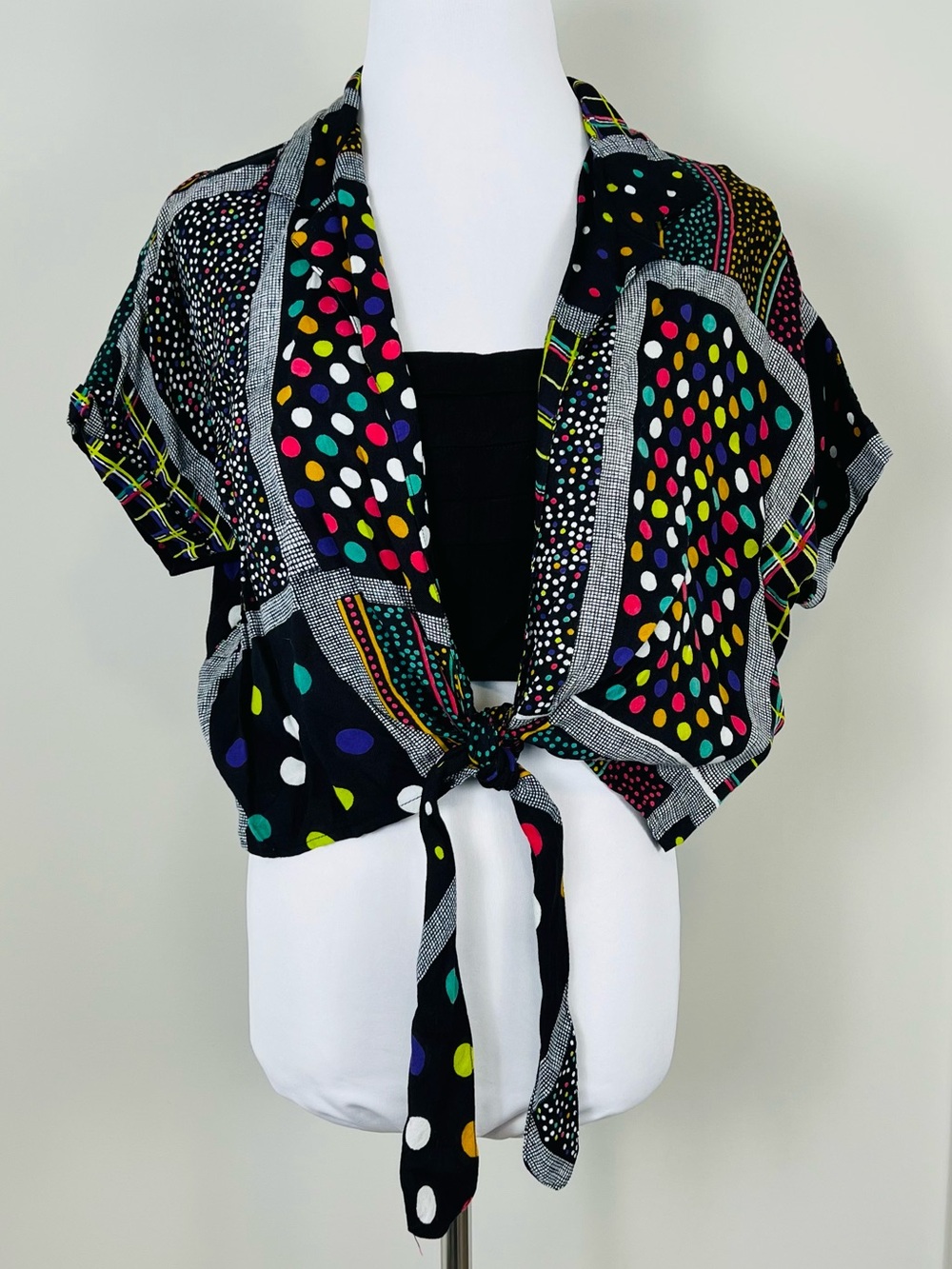 Vintage 80’s Polka Dot Tie-Front Women's Top - Black Multicolor